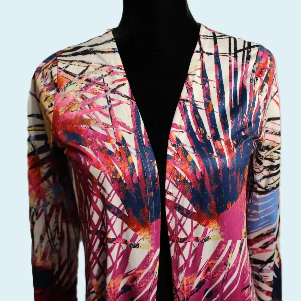 Women's Long Kimona/ Duster Size M Abstract Palm Print Pink Multicolor Unbranded